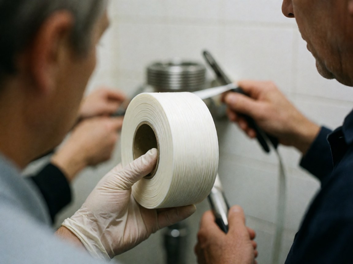 Close-up of two plumbers working together to apply white teflon tape to a metal pipe, with tools and hands in focus against a white tiled background.