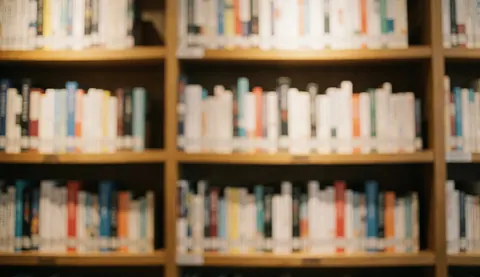 A warm, out-of-focus background of bookshelves and books, ideal for overlaying text in business presentations.