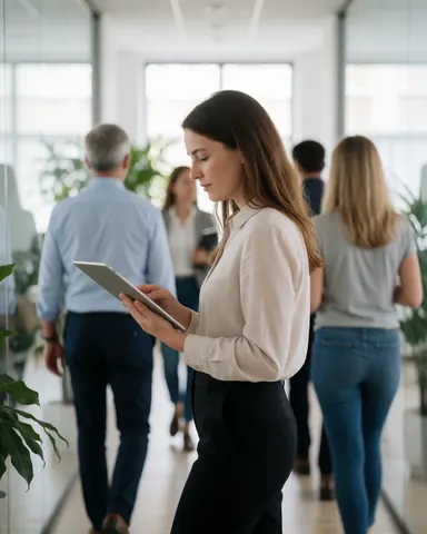 A professional businesswoman walks through a modern office corridor while holding a tablet computer.