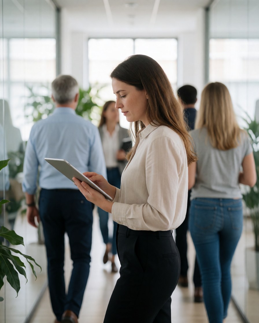 A professional businesswoman walks through a modern office corridor while holding a tablet computer.