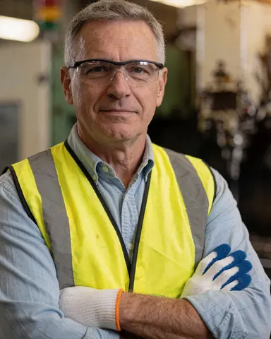 Factory supervisor in a reflective vest and safety glasses looking at the camera in an industrial setting with blurred machinery in the background