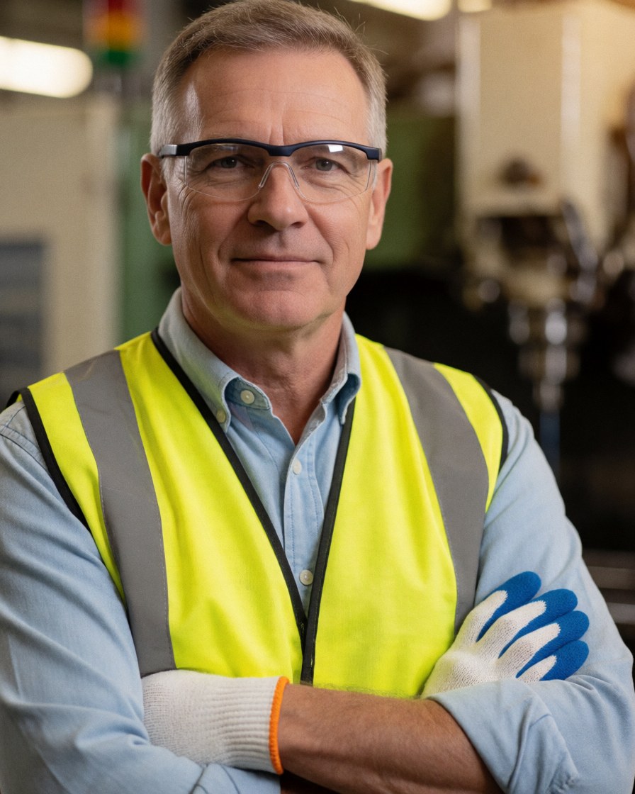 Factory supervisor in a reflective vest and safety glasses looking at the camera in an industrial setting with blurred machinery in the background