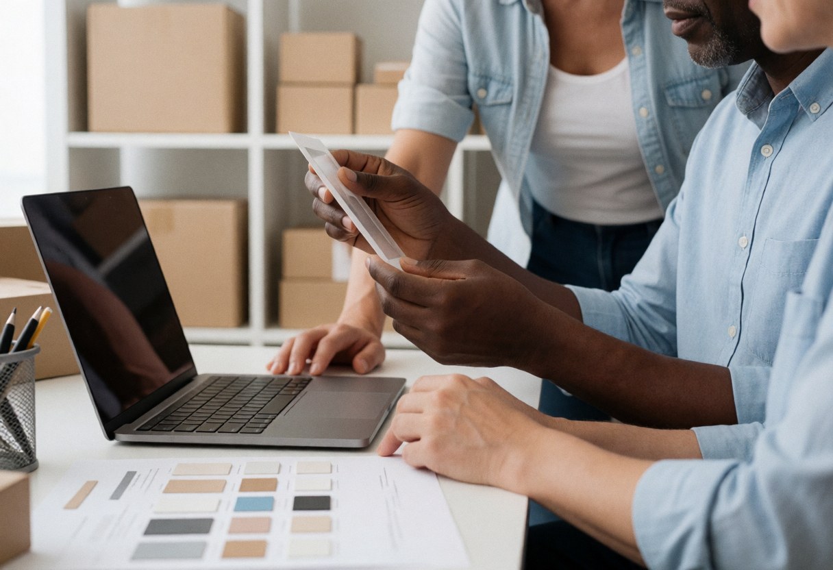 Two entrepreneurs examine product samples on a table with a laptop and storage boxes in a bright design studio.
