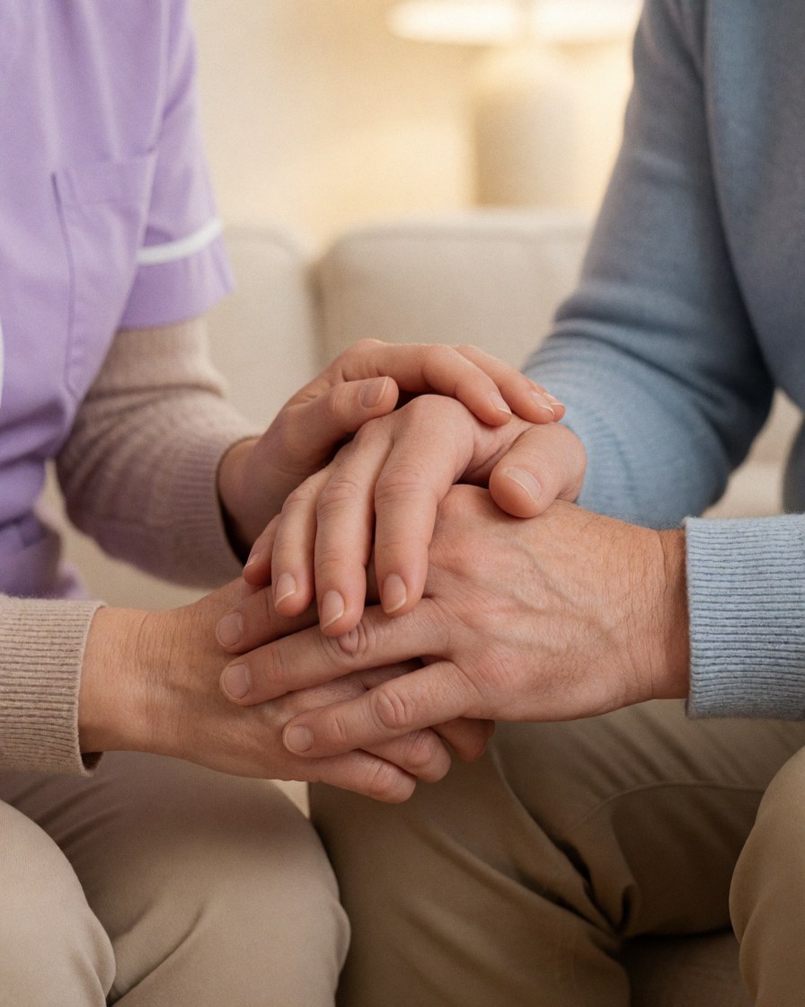 Close-up of a therapist's hand gently holding a client's hand during a psychology session to show support and empathy