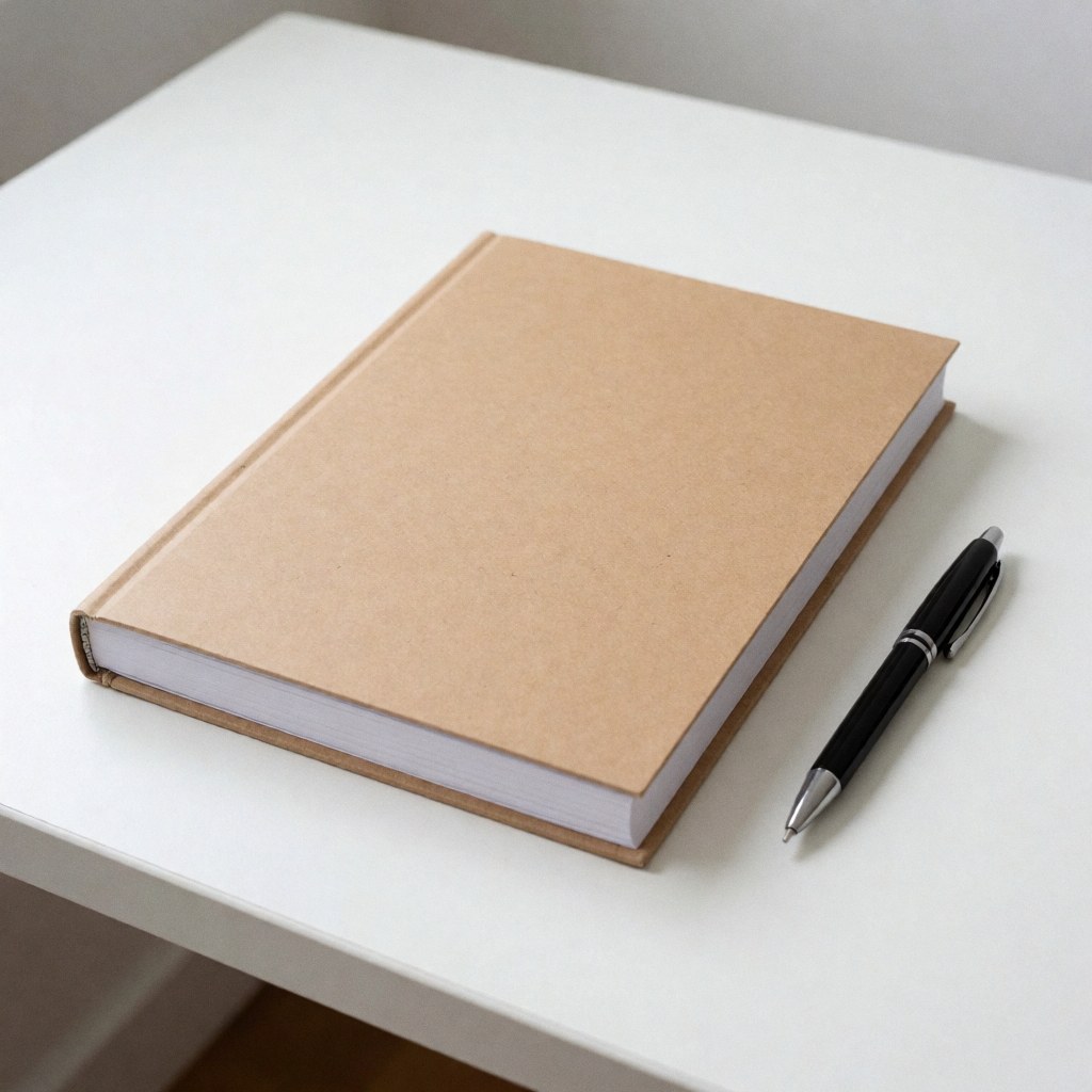 A therapy notebook and pen resting on a clean white desk surface, symbolizing psychological counseling and professional mental health tools.