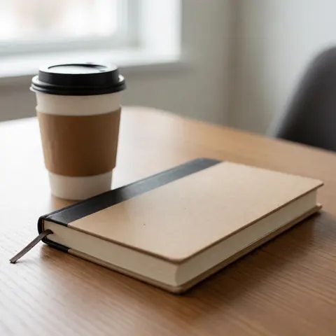 a closed notebook and a paper coffee cup with a black lid resting on a wooden surface, symbolizing calm and reflection in a therapy setting