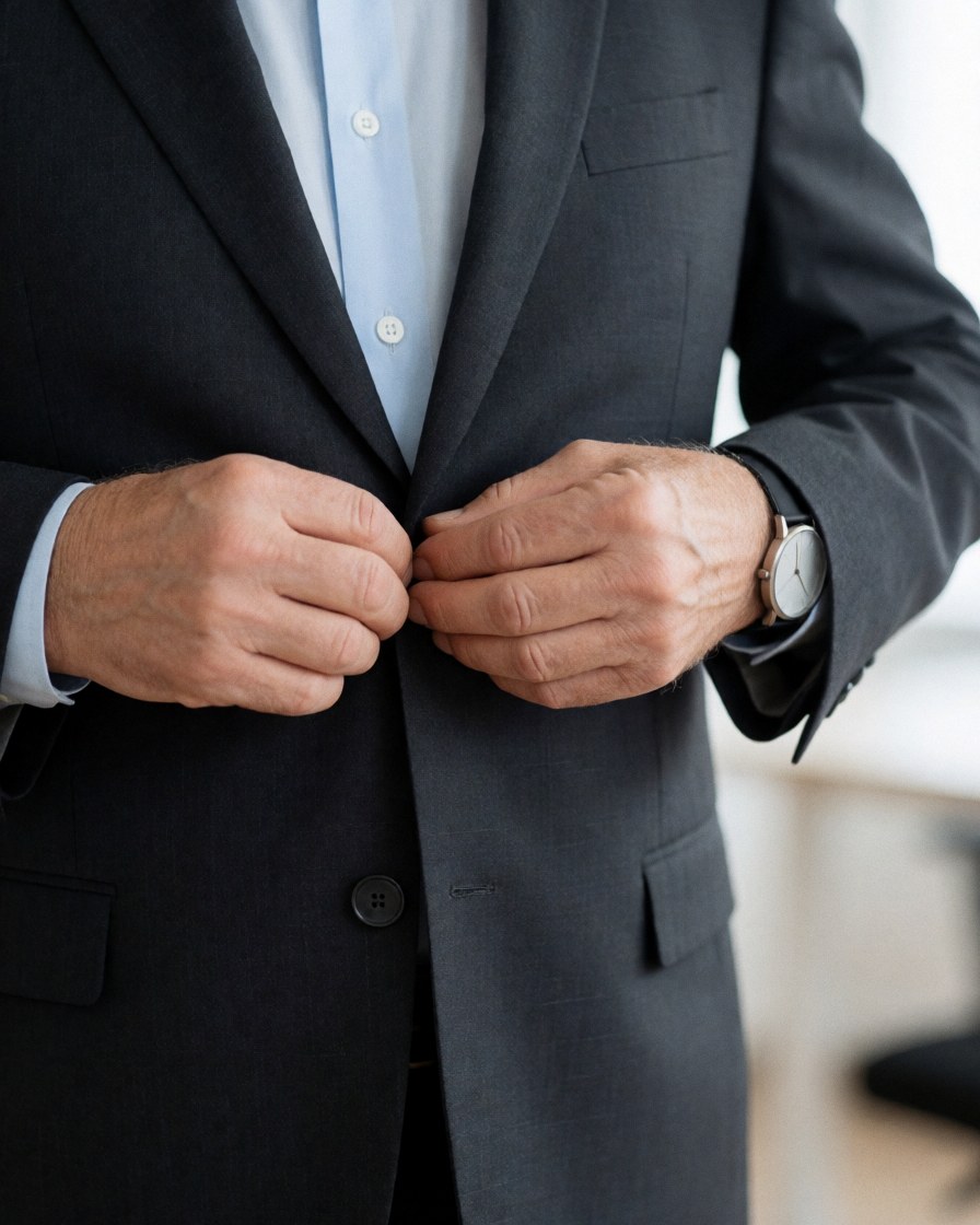 Close-up of a man's hands fastening the button on a gray suit jacket over a light blue shirt, wearing a wristwatch against a blurred office background.
