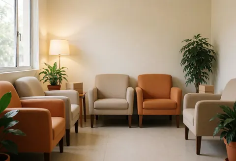 A comfortable waiting area featuring beige armchairs, potted plants, warm lighting, and wooden floors in a psychology clinic or therapy office.