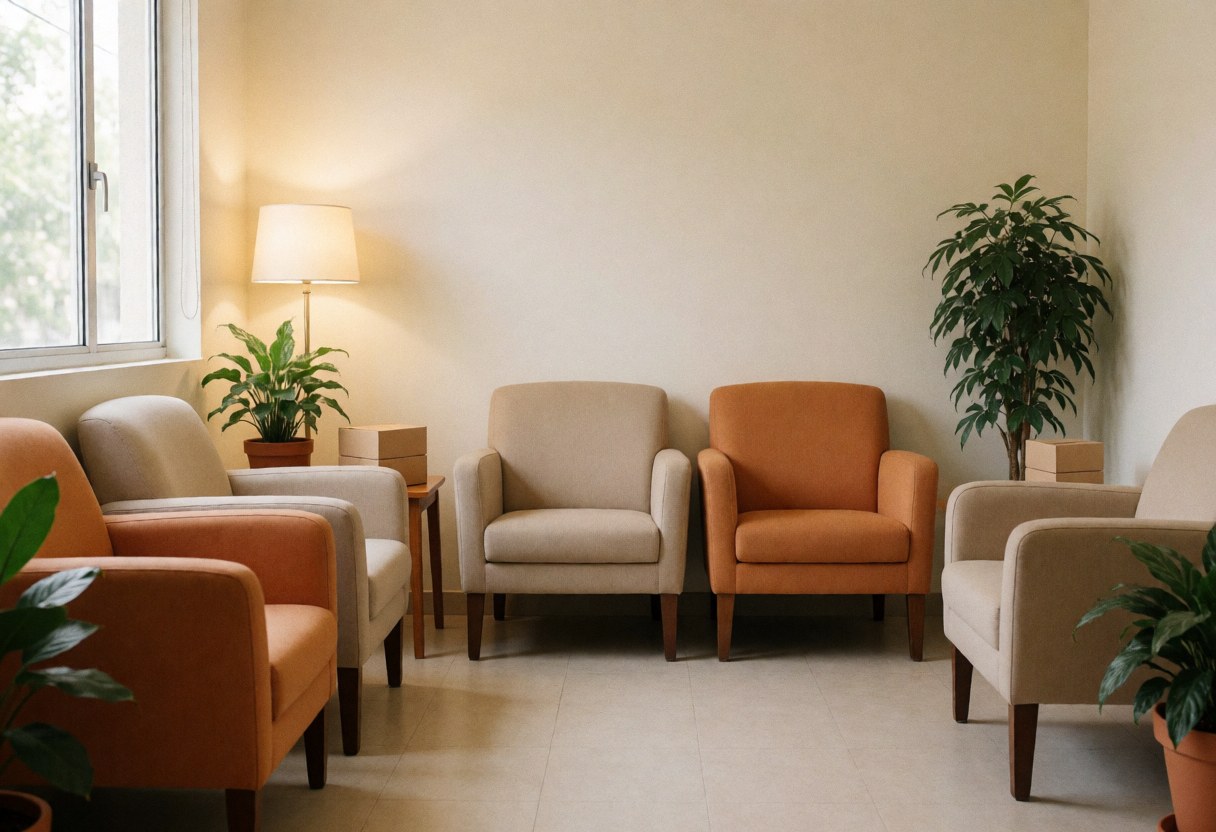 A comfortable waiting area featuring beige armchairs, potted plants, warm lighting, and wooden floors in a psychology clinic or therapy office.
