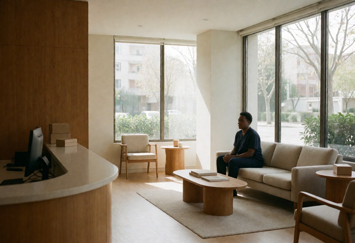Modern psychology clinic reception featuring wooden furniture, large windows, and natural light. A patient waits on a beige sofa in a calm, professional interior.