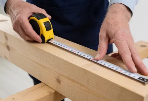 Close-up of a contractor's hand using a yellow tape measure to take precise measurements on a wooden board for construction work