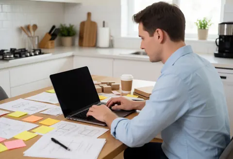 A person working on a laptop at a wooden kitchen table with coffee and notes, illustrating remote business operations