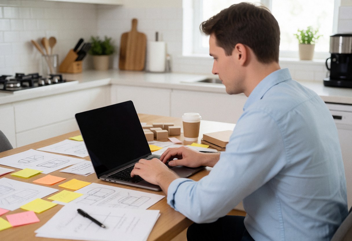 A person working on a laptop at a wooden kitchen table with coffee and notes, illustrating remote business operations