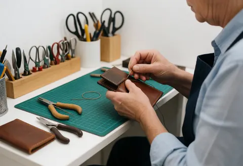 Close-up view of an artisan's hands cutting and sewing leather to create handmade wallets and accessories in a workshop setting