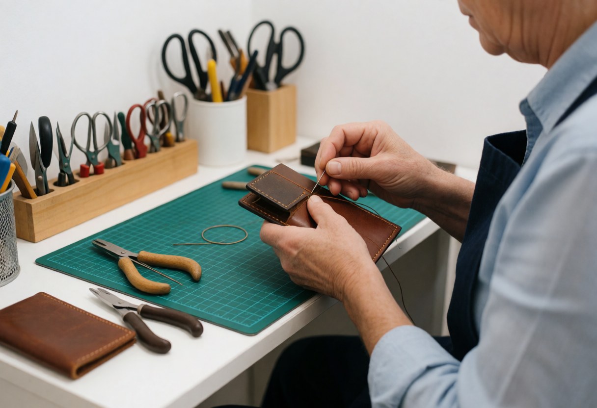Close-up view of an artisan's hands cutting and sewing leather to create handmade wallets and accessories in a workshop setting