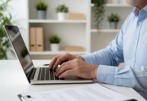 A professional man concentrating on his laptop computer while seated at a clean office desk with documents and plants nearby