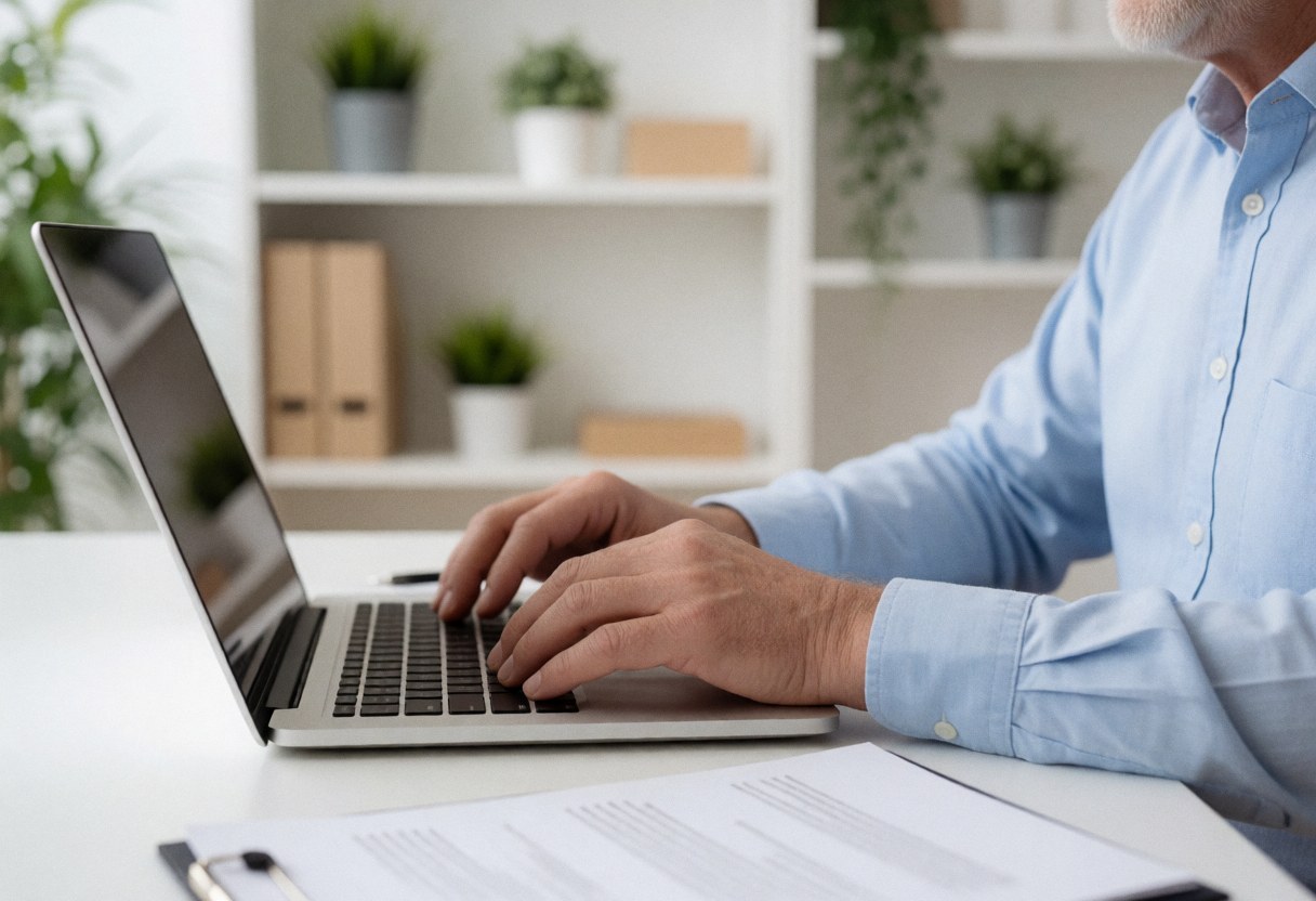 A professional man concentrating on his laptop computer while seated at a clean office desk with documents and plants nearby