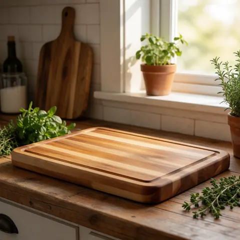A rustic handcrafted wooden cutting board placed on a wooden counter near a window with natural light and fresh herbs