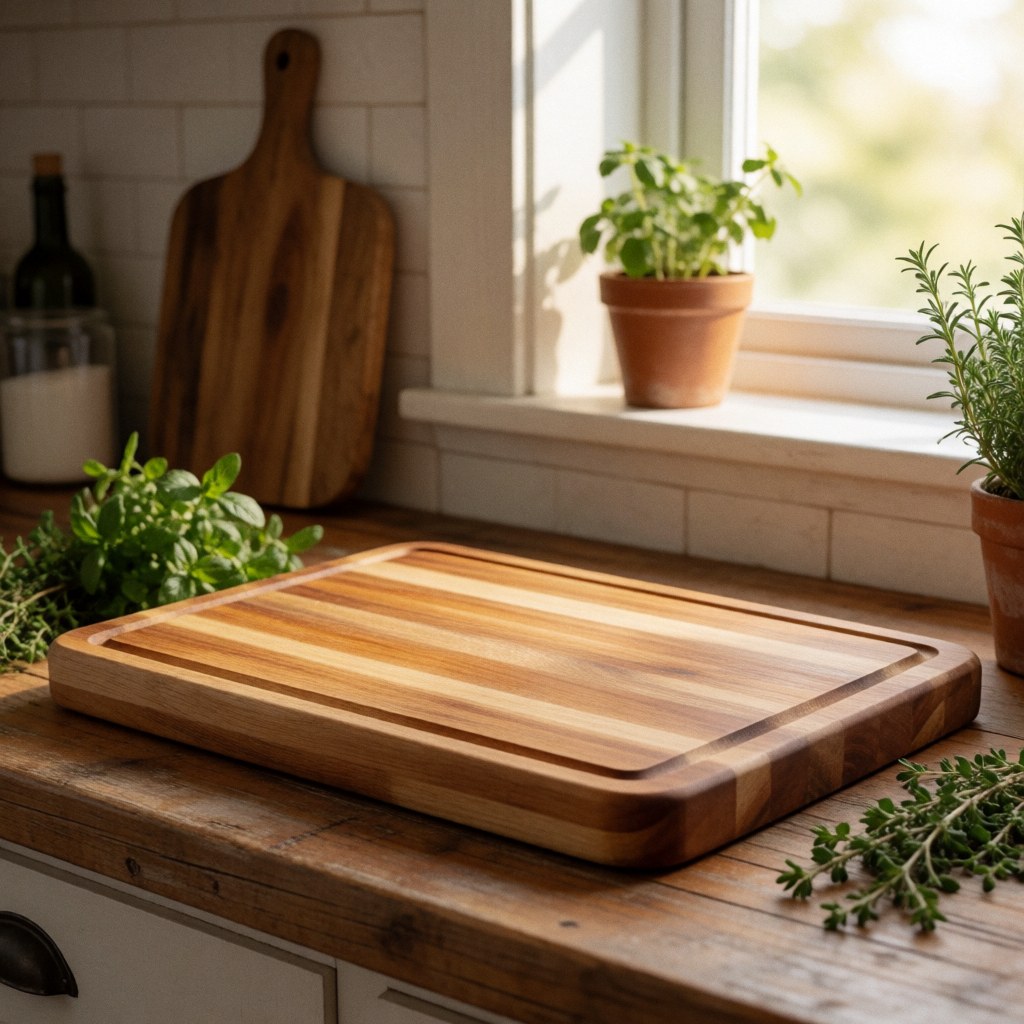 A rustic handcrafted wooden cutting board placed on a wooden counter near a window with natural light and fresh herbs