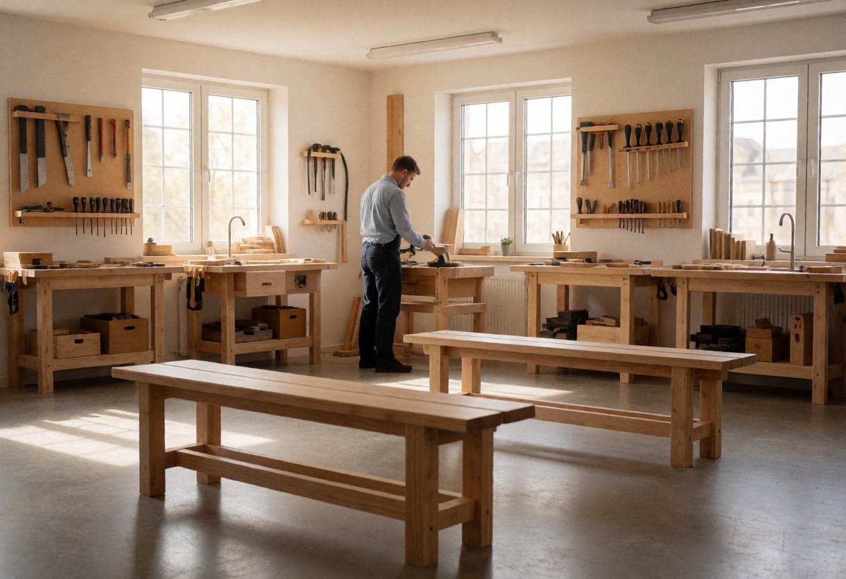 A tidy carpentry workshop featuring hanging tools, wooden workbenches, and a carpenter working at a table with sunlight streaming through the windows.