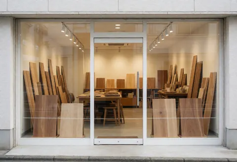 Exterior view of a cozy woodworking shop featuring a large display window, wooden door, and natural wood accents inviting customers inside.