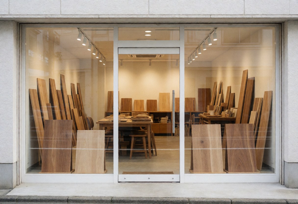 Exterior view of a cozy woodworking shop featuring a large display window, wooden door, and natural wood accents inviting customers inside.