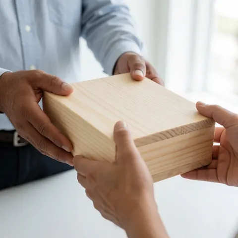 Close-up of hands holding and delivering a wooden box containing a final product for a business transaction