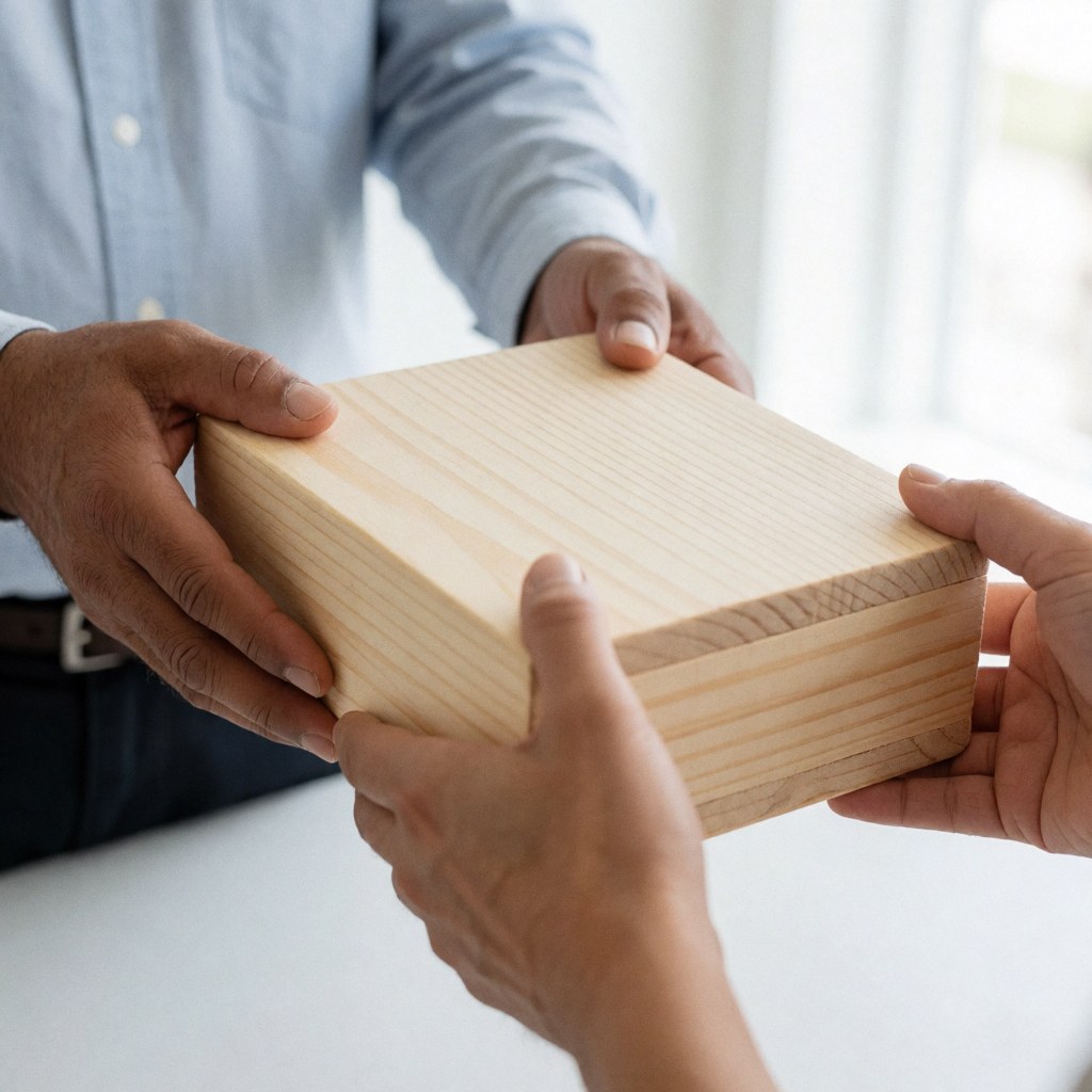 Close-up of hands holding and delivering a wooden box containing a final product for a business transaction