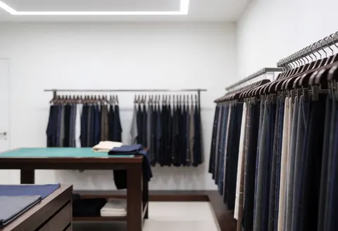 Empty minimalist fashion boutique interior featuring fabric racks, a cutting table, and modern lighting in a sleek elegant space.