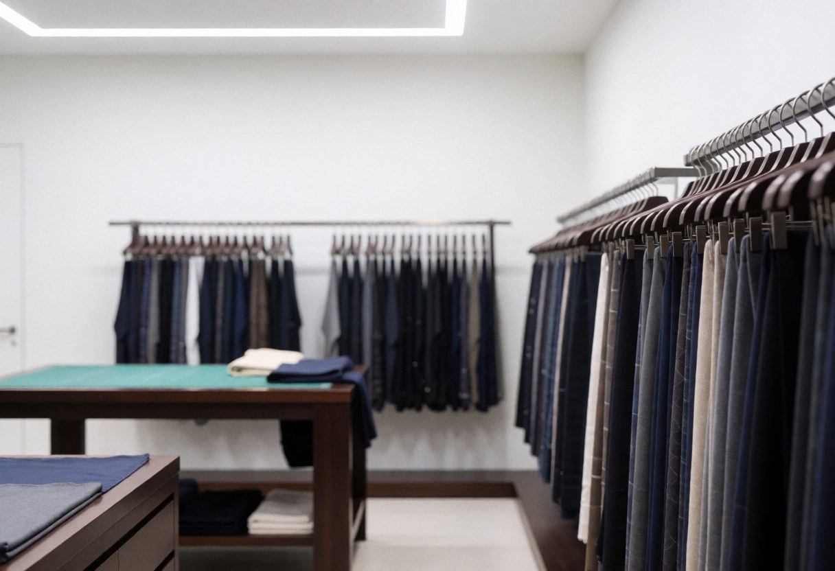 Empty minimalist fashion boutique interior featuring fabric racks, a cutting table, and modern lighting in a sleek elegant space.