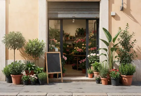 Welcoming flower store entrance in Rome featuring potted plants, a black sign, and a glass door in a sunny, cozy atmosphere.