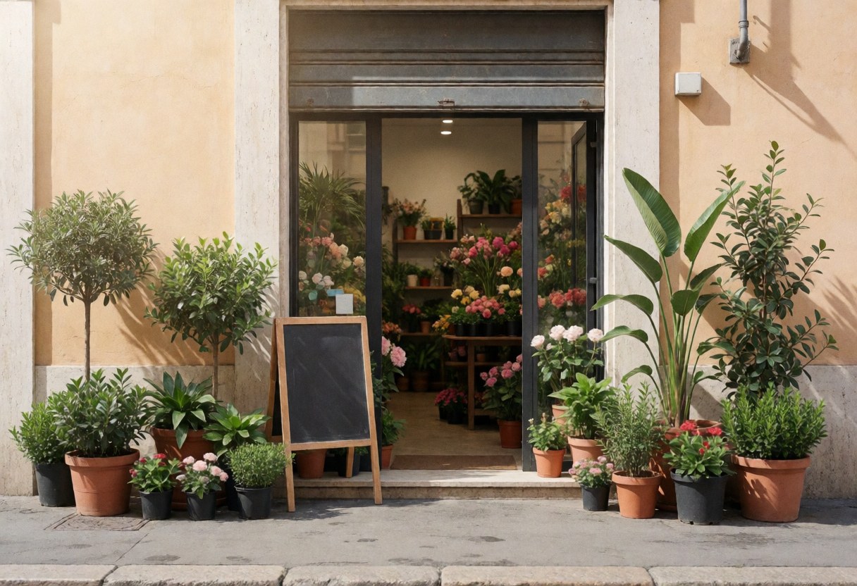 Welcoming flower store entrance in Rome featuring potted plants, a black sign, and a glass door in a sunny, cozy atmosphere.