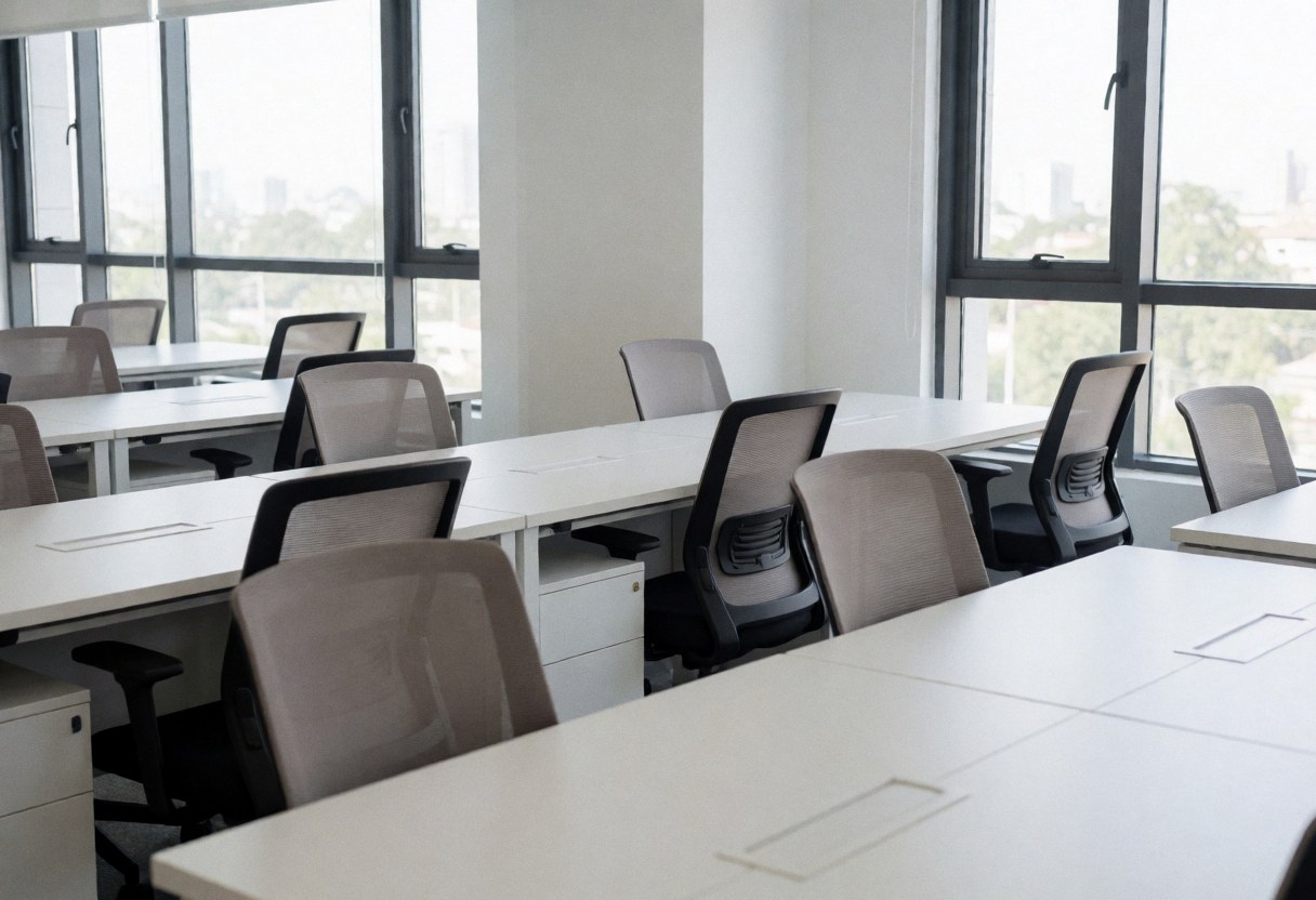 An empty modern coworking office interior featuring a clean white desk, ergonomic black chair, and large window with natural light and city view