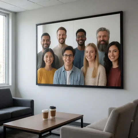 A framed poster displaying a diverse group of professional colleagues hanging on an office wall near a window with natural light
