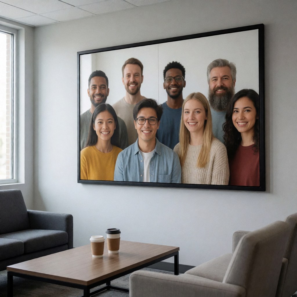 A framed poster displaying a diverse group of professional colleagues hanging on an office wall near a window with natural light