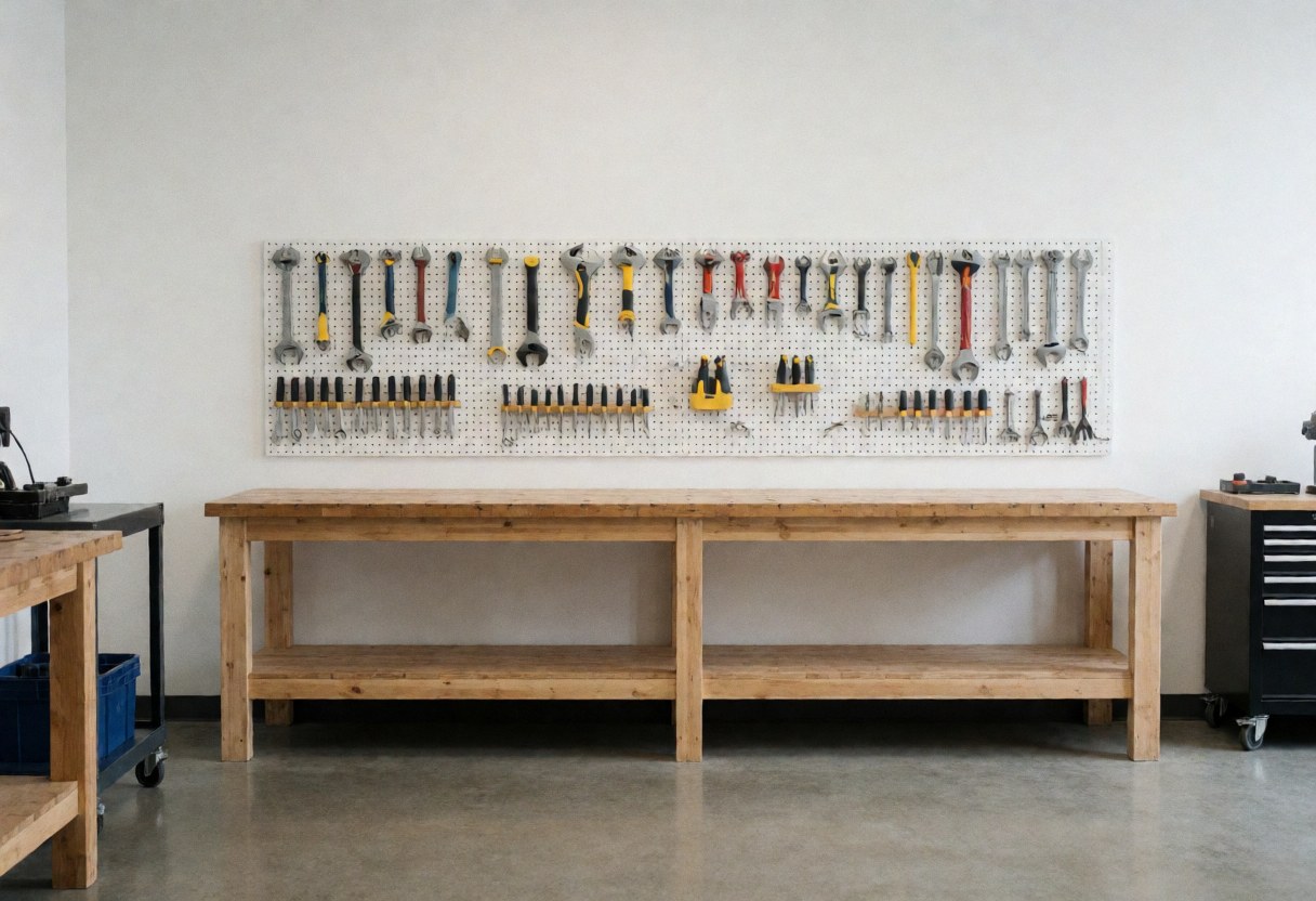 Clean industrial workshop featuring a wooden workbench and tools neatly organized on a pegboard, suitable for professional portraits.