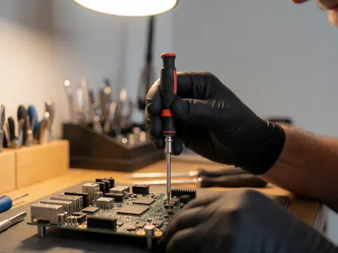 Gloved hand tightening a screw on a motherboard with tools in the background and warm lighting in a tidy workshop.