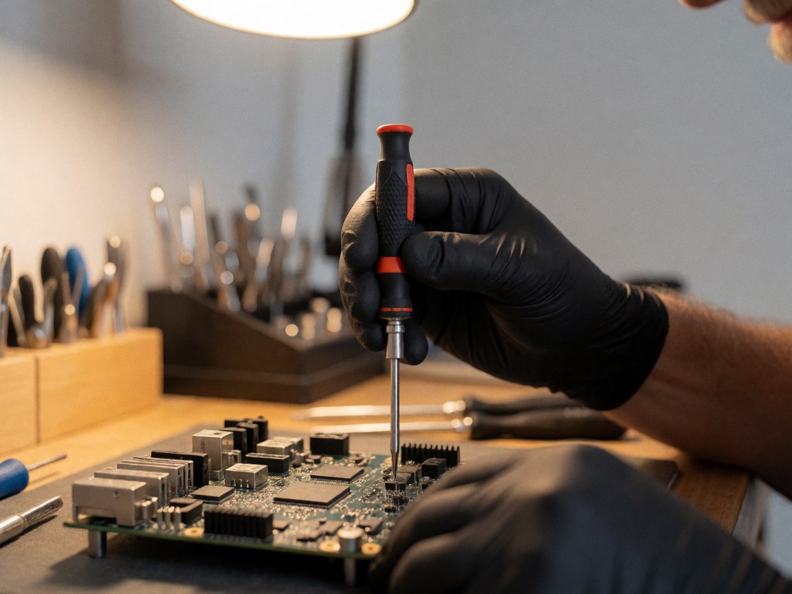 Gloved hand tightening a screw on a motherboard with tools in the background and warm lighting in a tidy workshop.