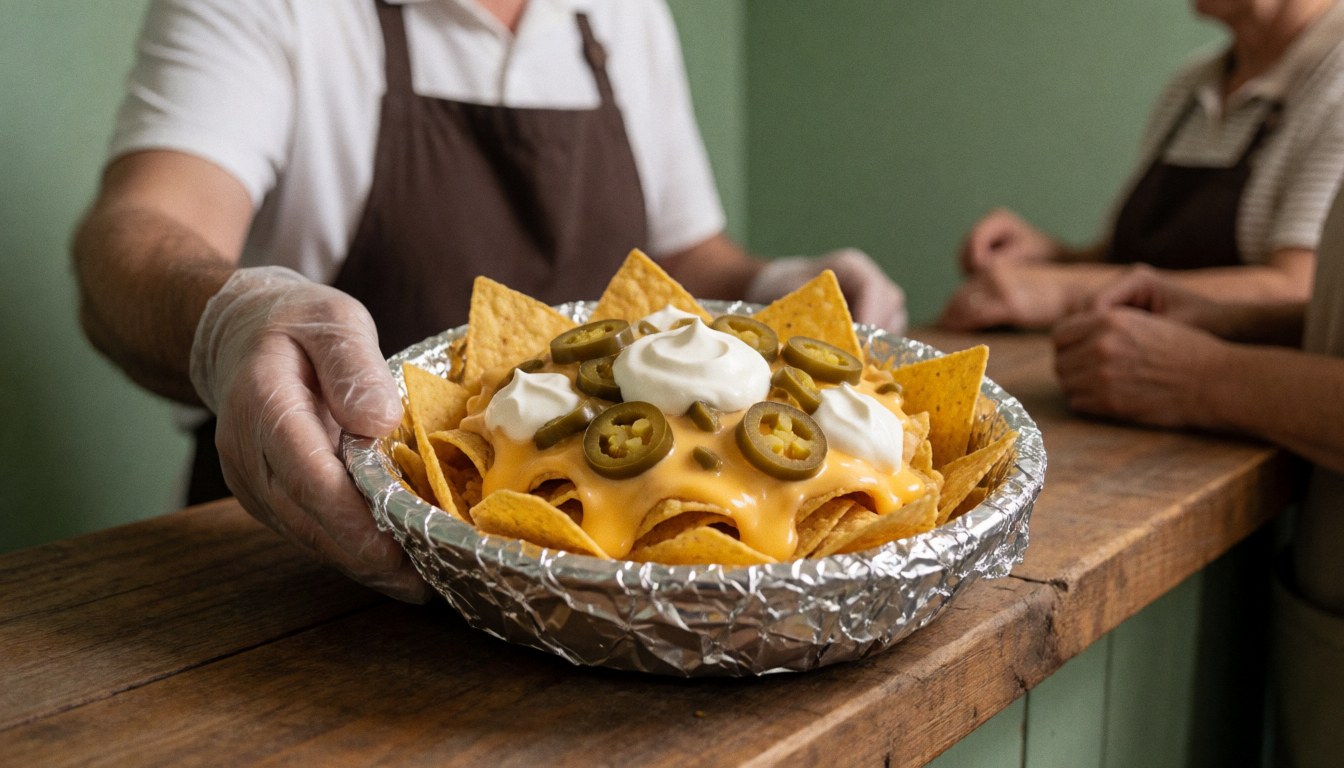A close-up view of freshly served nachos topped with melted cheese, jalapeno peppers, salsa, and sour cream on a wooden table