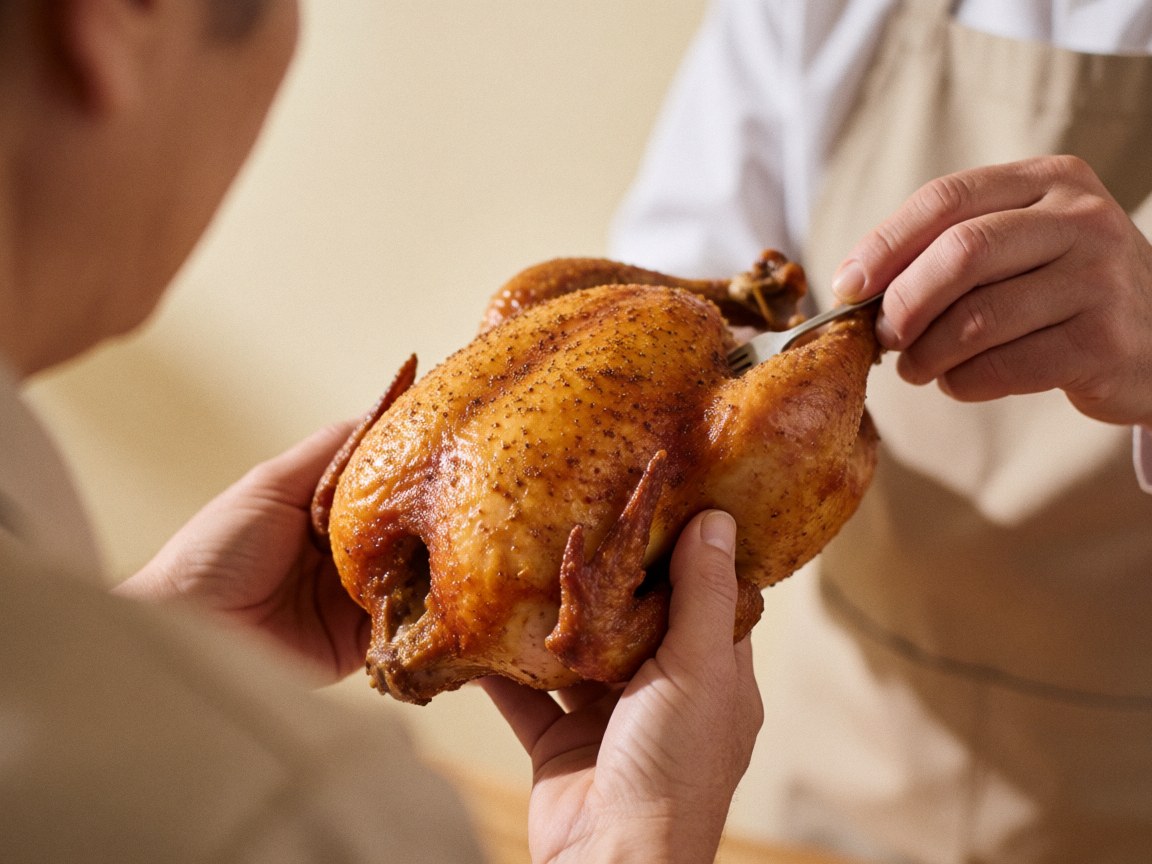 Detailed close-up view of crispy roasted chicken skin with a fork and blurred background, highlighting appetizing food texture for a food truck menu.