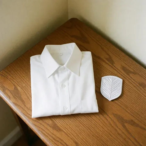 Folded white shirt featuring an embroidered leaf patch, displayed on a textured wooden surface with natural lighting and beige walls for professional product use.