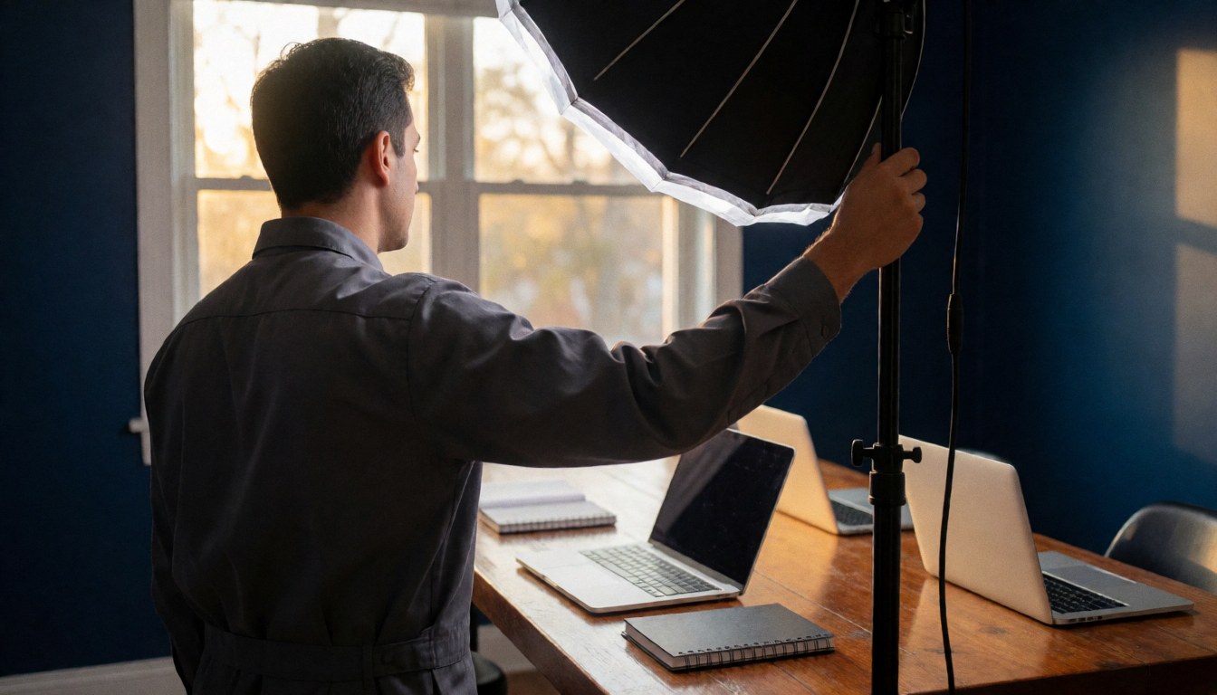 Professional photographer adjusting a softbox in a studio with laptops and notebooks on a wooden table against a dark blue wall
