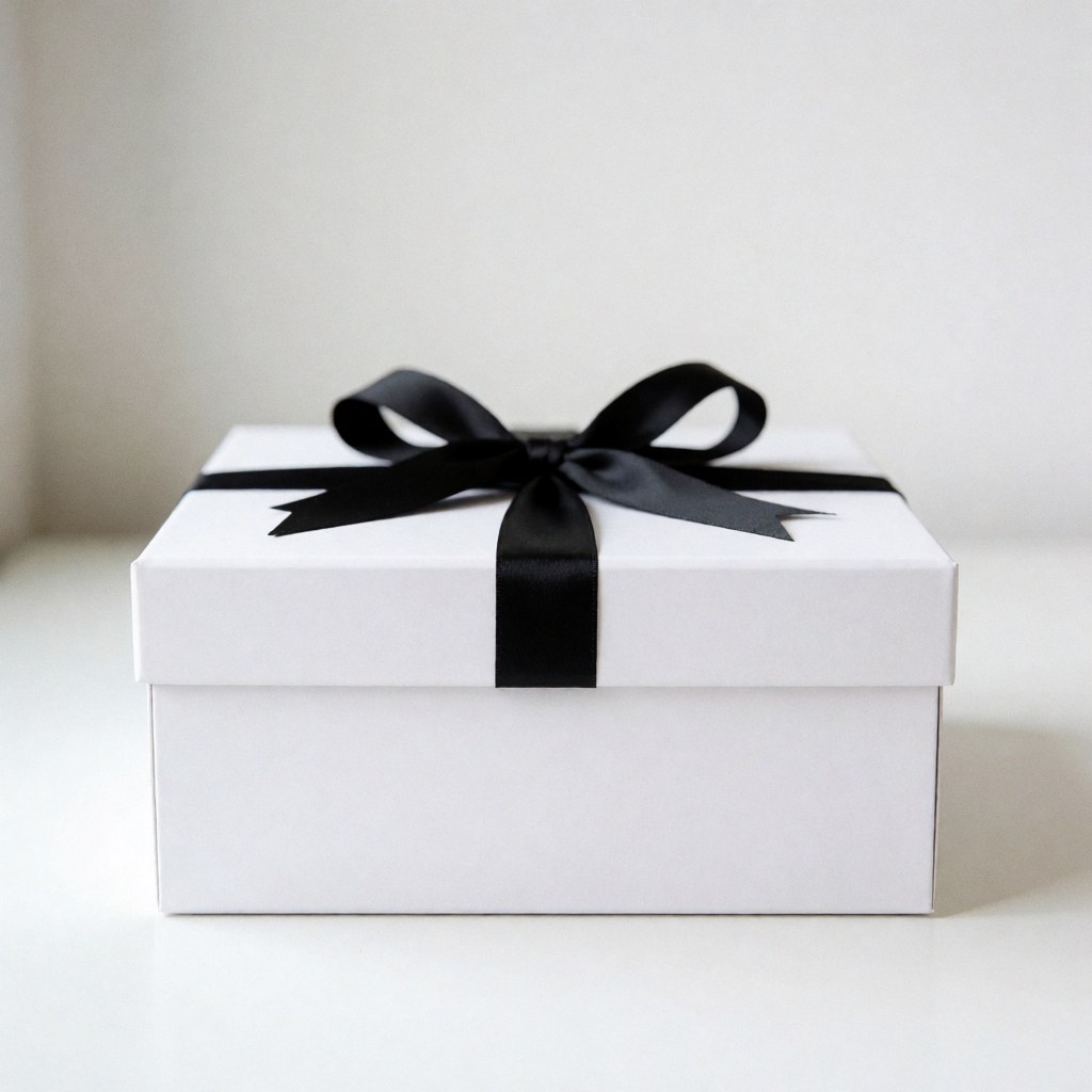 A closed white gift box tied with a black ribbon, presented against a clean background for corporate gifting and product display purposes