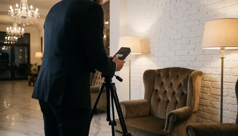 Professional photographer with tripod and light meter preparing a corporate portrait in a luxurious lobby with velvet chair, white cement wall, and chandeliers.