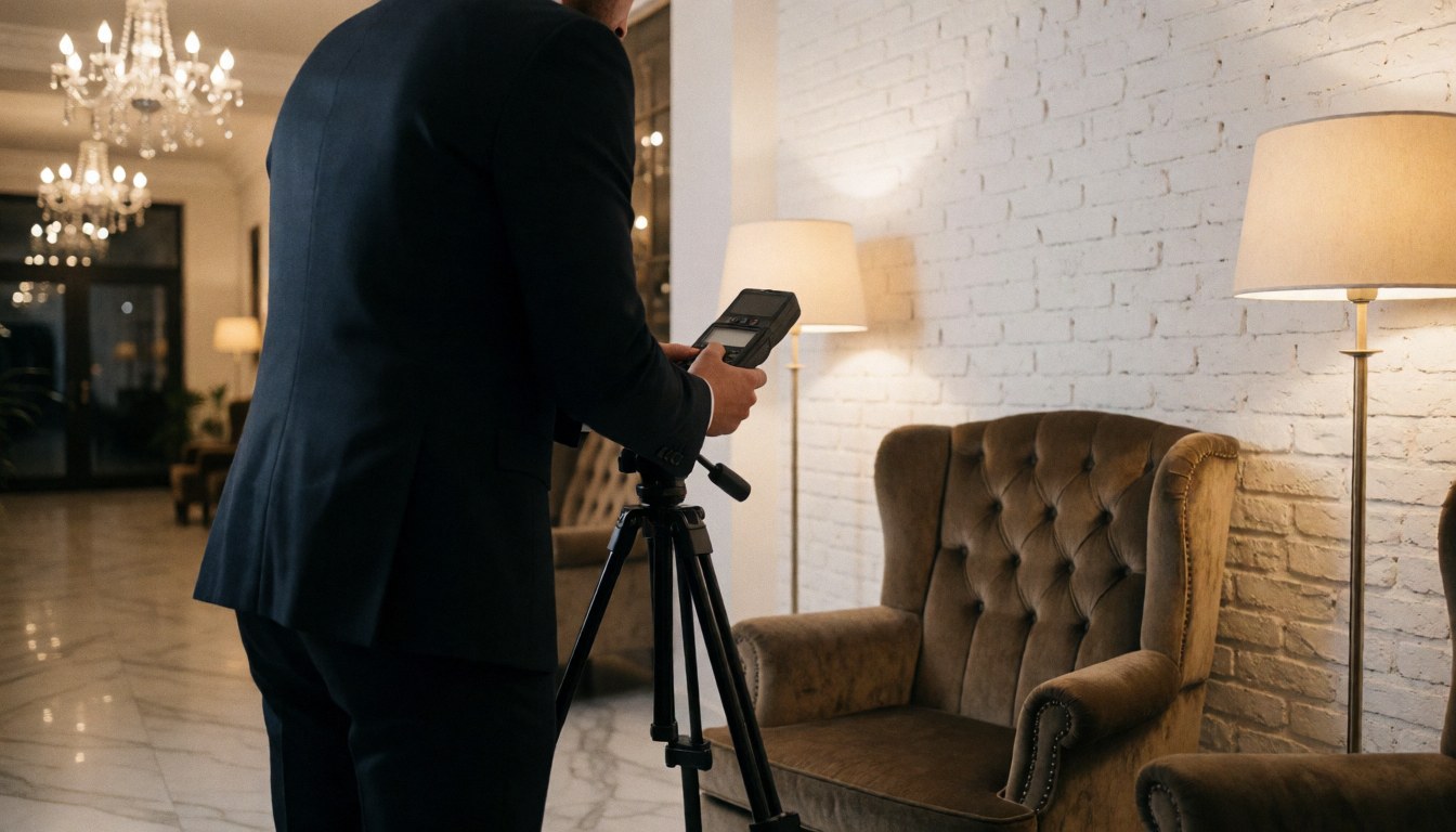 Professional photographer with tripod and light meter preparing a corporate portrait in a luxurious lobby with velvet chair, white cement wall, and chandeliers.