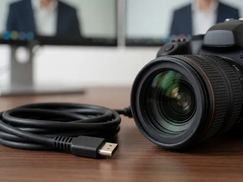 Professional DSLR camera with lens and HDMI cable on a walnut desk with blurred monitors and people in the background