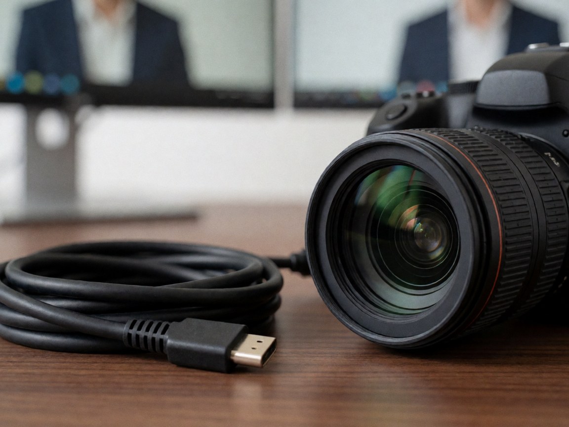 Professional DSLR camera with lens and HDMI cable on a walnut desk with blurred monitors and people in the background
