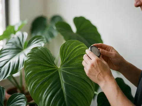 Close-up of hands handling a vibrant green plant leaf against a soft background of more plants and a white wall, suitable for design or gardening businesses.