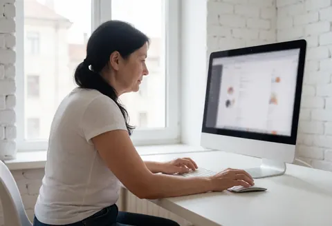 Middle-aged woman working on a computer in a studio with white brick wall, natural light, professional and minimalist atmosphere.