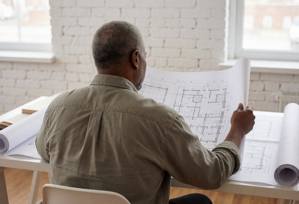 An architect reviews architectural blueprints in a modern office with white brick walls, natural light, and a professional atmosphere.